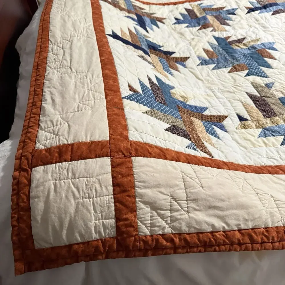 Handmade Quilt Throw Patchwork Star Pattern Cream Blue Rustic Cottage Bed Topper